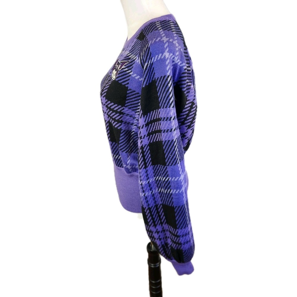 Sanrio Kuromi Womens Knit Plaid Sweater Sz Large Purple Black Bishop Sleeve Top - Picture 2 of 16
